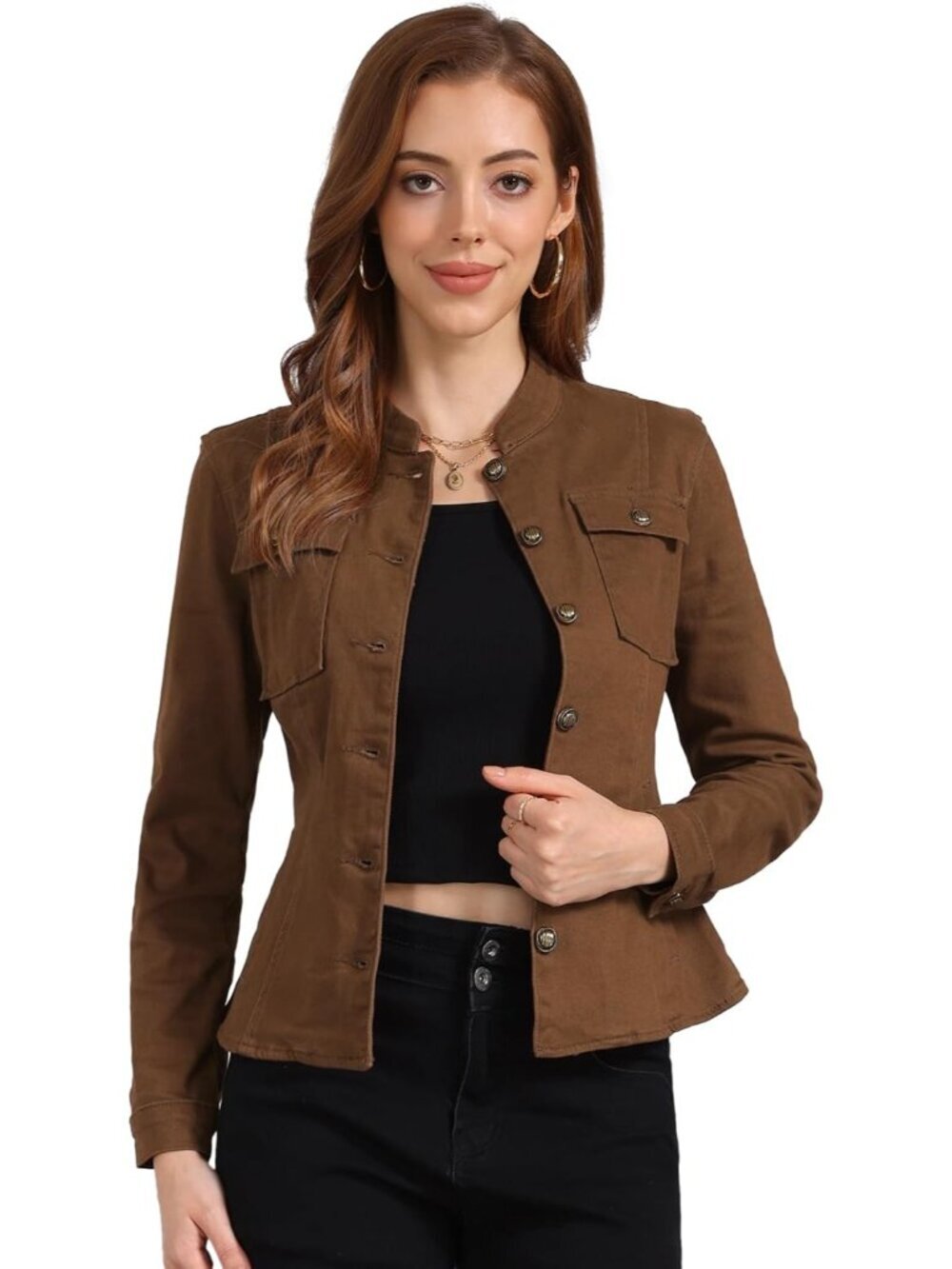 Women's Brown Classic Stand Collar Long Sleeve Denim Jackets Flap Chest Pockets